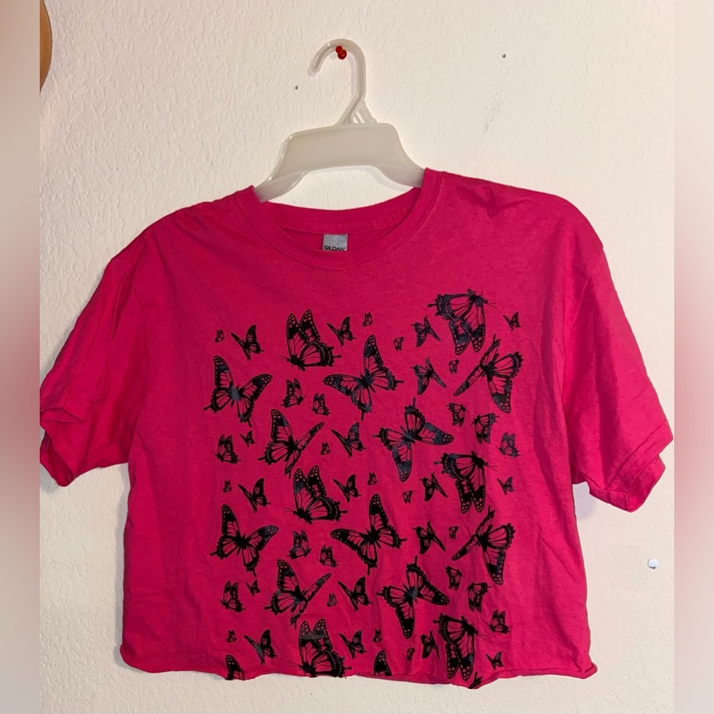 Rue21 Pink Crop Top with Black Butterflies